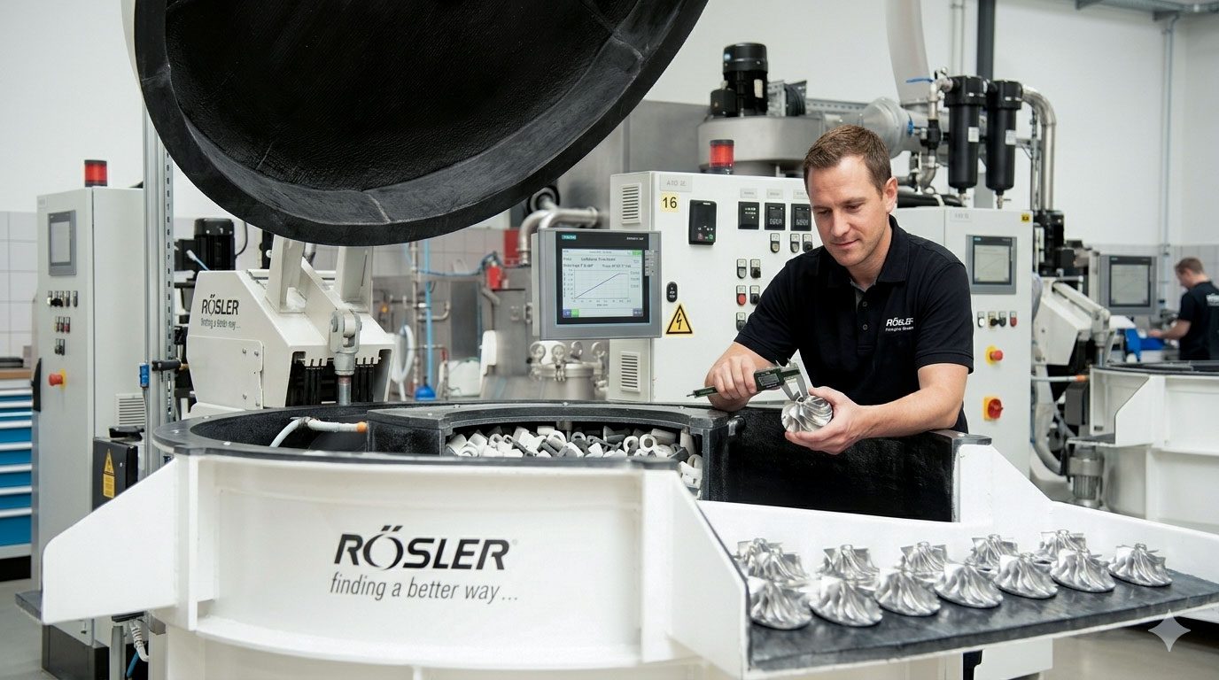 Mitarbeiter im Rösler Customer Experience Center bei der Qualitätskontrolle und Vermessung von Werkstücken am Rundvibrator.