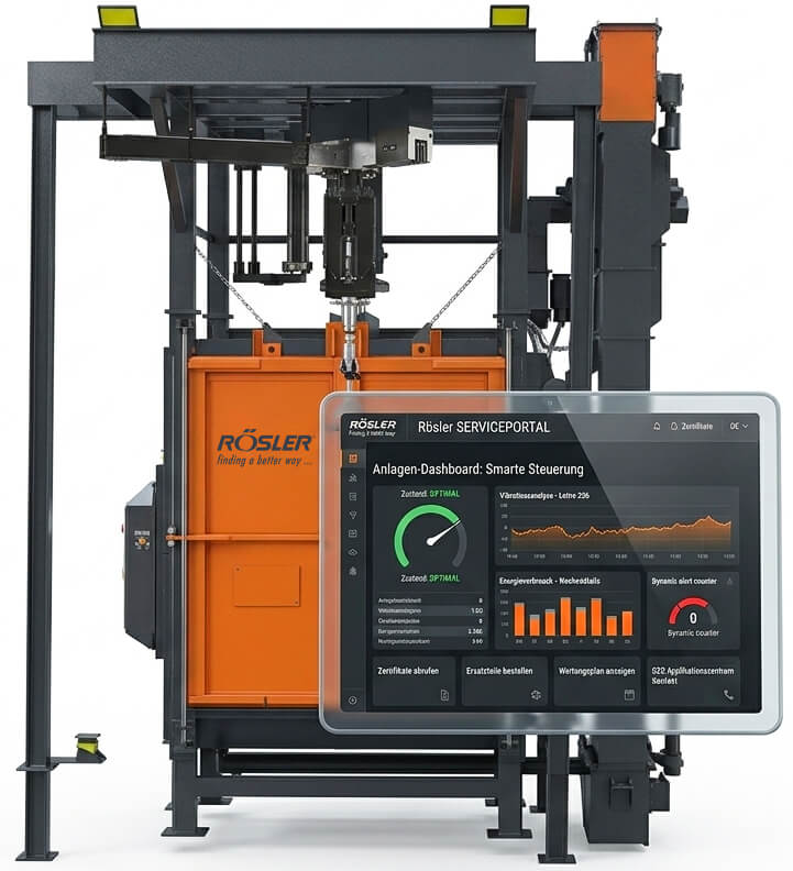 Rösler RHBE 17/22 Chargen-Hängebahnstrahlanlage mit eingeblendetem Rösler SERVICEPORTAL Dashboard zur digitalen Überwachung von Strahlprozessen und Turbinenleistung.