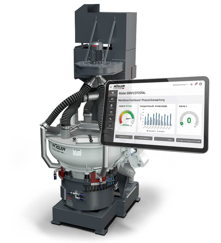 Freigestellte Rösler Gleitschliffanlage mit darüber schwebendem, transparentem Digital-Tablet, das das Rösler SERVICEPORTAL Anlagen-Dashboard zur Prozessüberwachung zeigt.